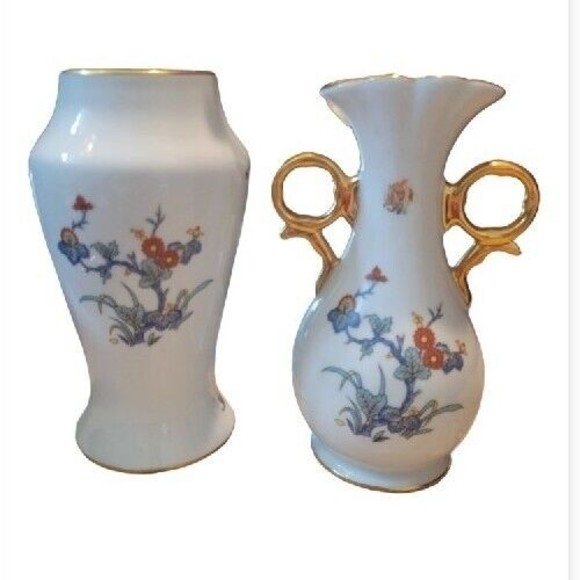 Limoges France Porcelaine Malbec Hand Painted Floral Gold Vase Vintage Set